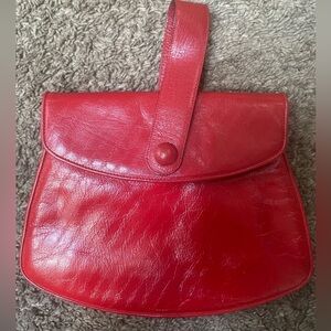 Vintage La Bagagerie Red Leather Top Handle Wristlet Clutch Handbag France